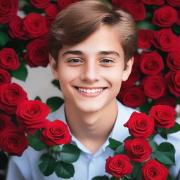 A beautiful smiling teenage boy surrounded by red roses, looking handsome with a seductive face and love dripping from his eyes