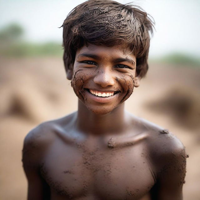 An Indian adolescent boy with a cute smile in his teenage years, showing a seductive look while covered in dust and mud as if he was in a fight