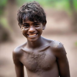 An Indian adolescent boy with a cute smile in his teenage years, showing a seductive look while covered in dust and mud as if he was in a fight