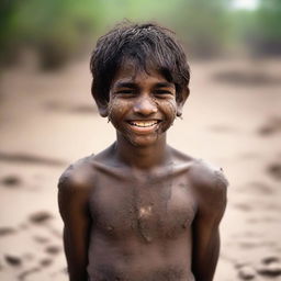 An Indian adolescent boy with a cute smile in his teenage years, showing a seductive look while covered in dust and mud as if he was in a fight