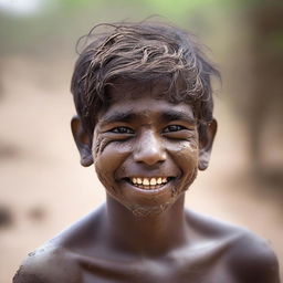 An Indian adolescent boy with a cute smile in his teenage years, showing a seductive look while covered in dust and mud as if he was in a fight