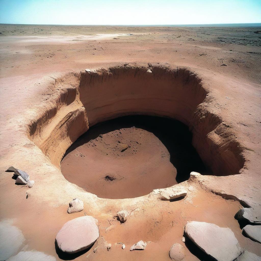 A large, deep hole in the ground, reminiscent of a quarry or a natural sinkhole, surrounded by rocks and dirt