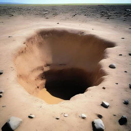 A large, deep hole in the ground, reminiscent of a quarry or a natural sinkhole, surrounded by rocks and dirt