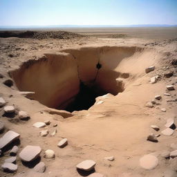 A large, deep hole in the ground, reminiscent of a quarry or a natural sinkhole, surrounded by rocks and dirt