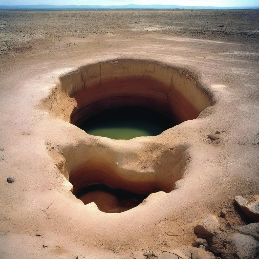 A large, deep hole in the ground, reminiscent of a quarry or a natural sinkhole, surrounded by rocks and dirt