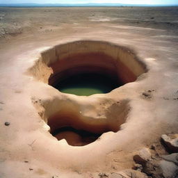 A large, deep hole in the ground, reminiscent of a quarry or a natural sinkhole, surrounded by rocks and dirt