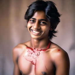 An Indian teenage boy, age 21, with a handsome and cute smile, showing off his full body with a seductive look