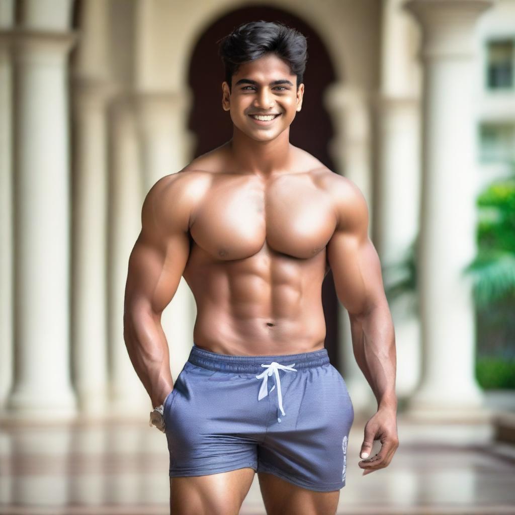 A handsome Indian boy from a wealthy family, wearing branded gym shorts