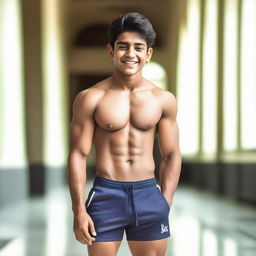 A handsome Indian boy from a wealthy family, wearing branded gym shorts