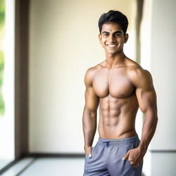 A handsome Indian boy from a wealthy family, wearing branded gym shorts