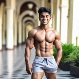 A handsome Indian boy from a wealthy family, wearing branded gym shorts