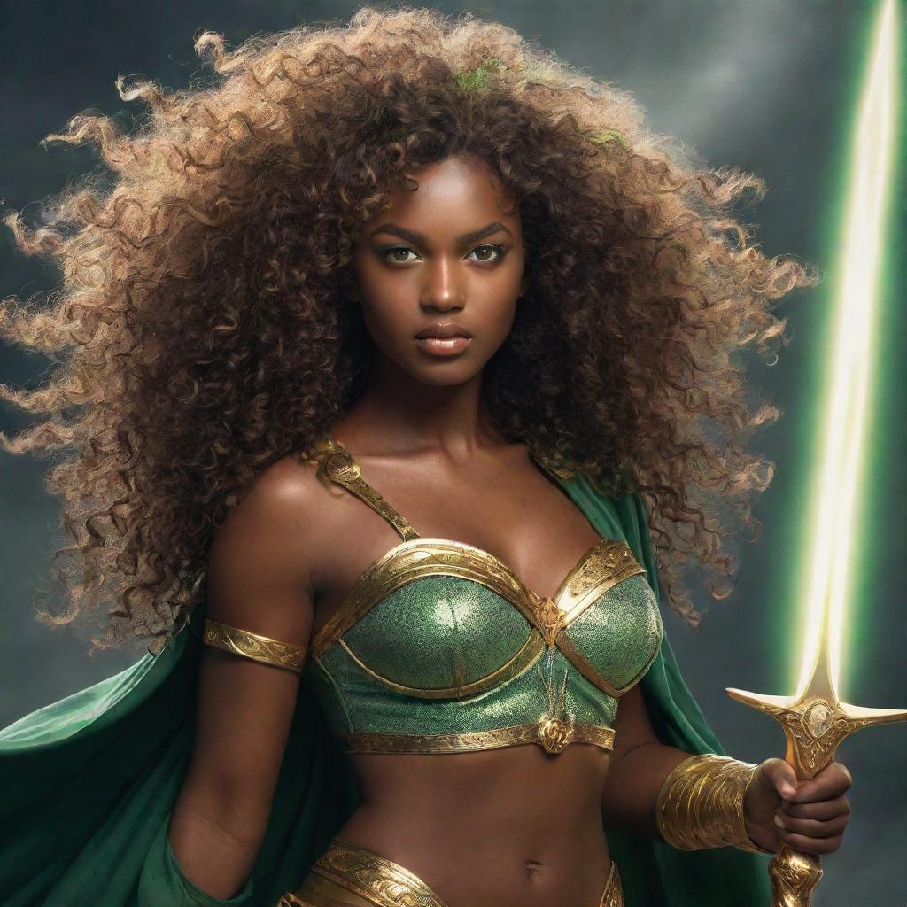 A demigoddess with light black skin, green eyes, and curly hair. She's the daughter of Zeus, standing amidst a tempest, with a golden sword in hand emitting a divine glow.