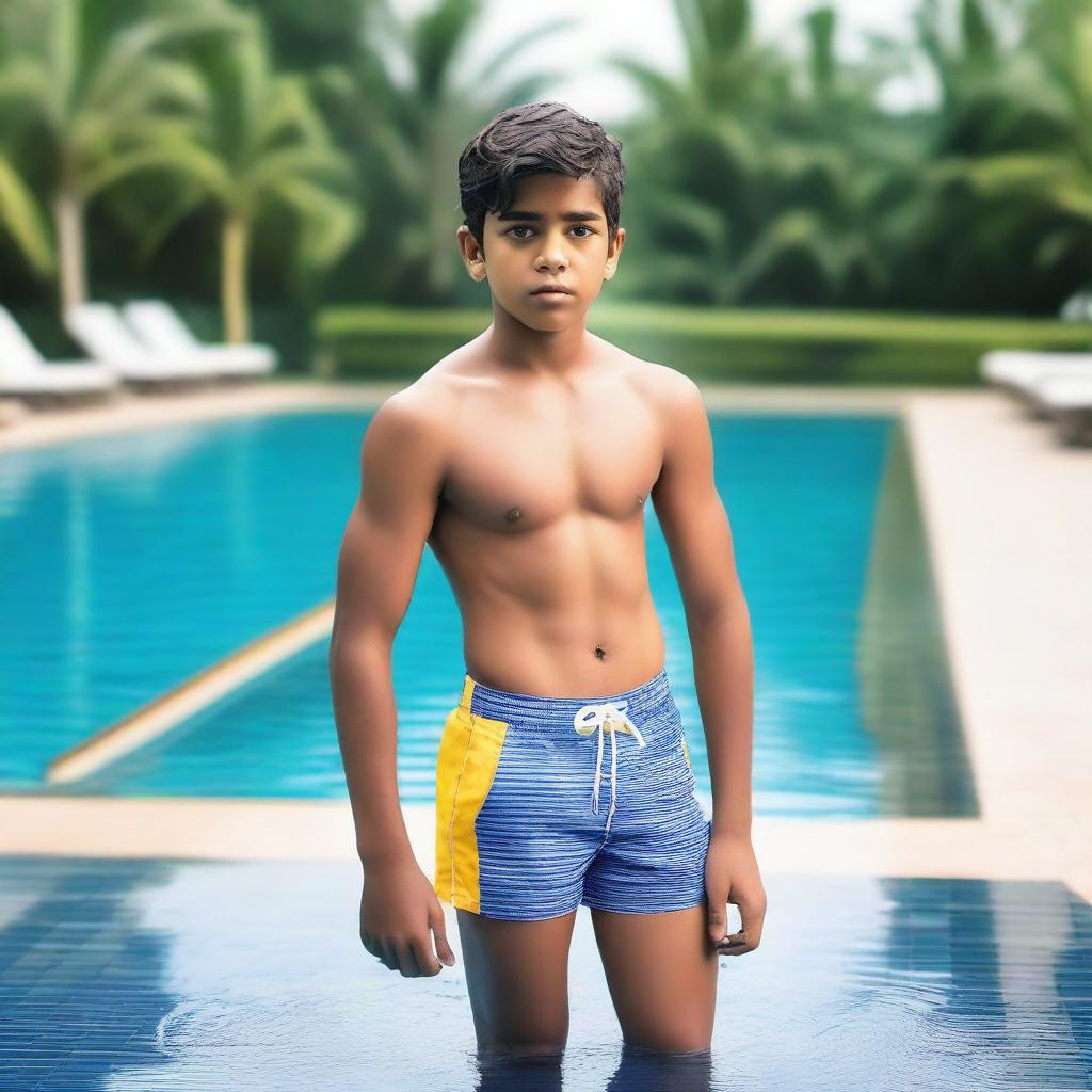 A handsome Indian boy from a wealthy family, wearing branded swimwear shorts