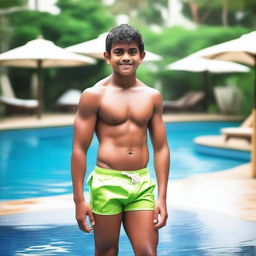 A handsome Indian boy from a wealthy family, wearing branded swimwear shorts