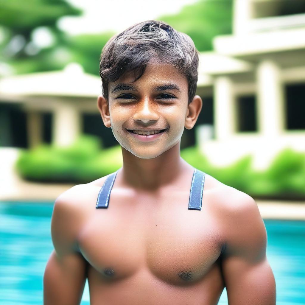 A handsome Indian boy from a wealthy family, wearing branded swimwear shorts