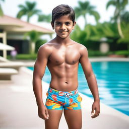 A handsome Indian boy from a wealthy family, wearing branded swimwear shorts