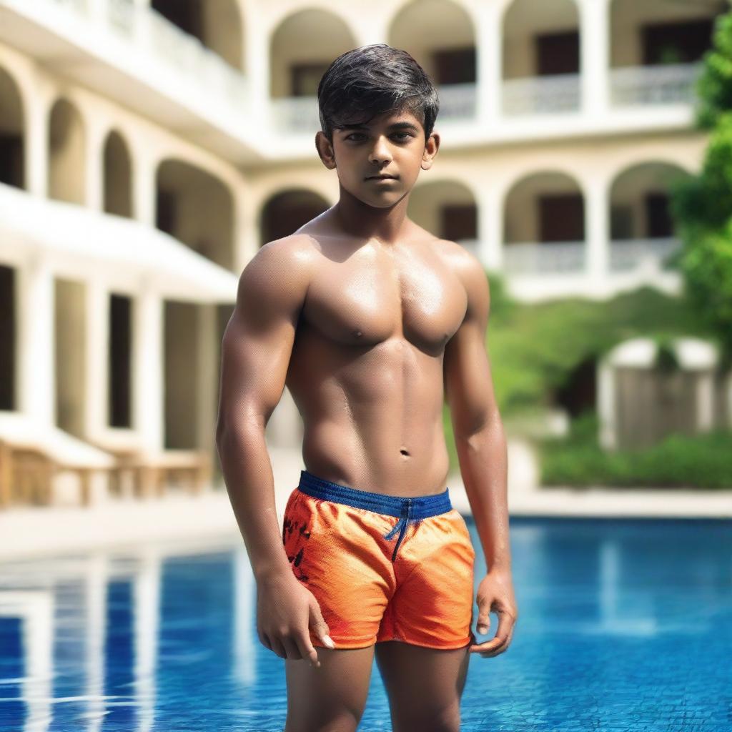 A handsome Indian boy from a wealthy family, wearing branded swimwear shorts