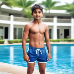 A handsome Indian boy from a wealthy family, wearing branded swimwear shorts