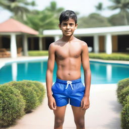 A handsome Indian boy from a wealthy family, wearing branded swimwear shorts