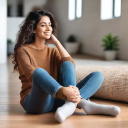 A Latina woman wearing socks