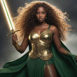 A demigoddess with light black skin, green eyes, and curly hair. She's the daughter of Zeus, standing amidst a tempest, with a golden sword in hand emitting a divine glow.