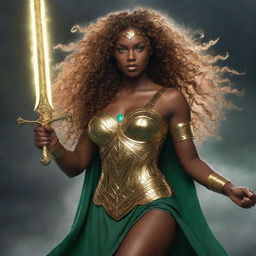 A demigoddess with light black skin, green eyes, and curly hair. She's the daughter of Zeus, standing amidst a tempest, with a golden sword in hand emitting a divine glow.