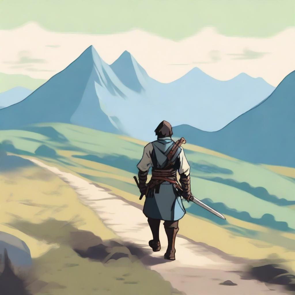 A lone swordsman carrying a long sword on his back, walking on a beautiful countryside path