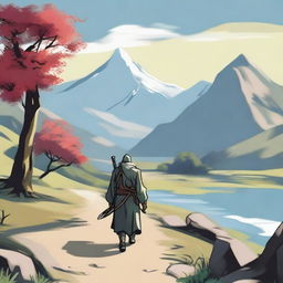 A lone swordsman carrying a long sword on his back, walking on a beautiful countryside path