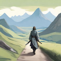 A lone swordsman carrying a long sword on his back, walking on a beautiful countryside path