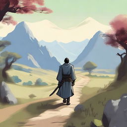 A lone swordsman carrying a long sword on his back, walking on a beautiful countryside path