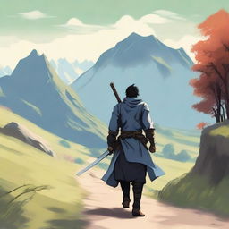 A lone swordsman carrying a long sword on his back, walking on a beautiful countryside path