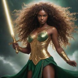 A demigoddess with light black skin, green eyes, and curly hair. She's the daughter of Zeus, standing amidst a tempest, with a golden sword in hand emitting a divine glow.