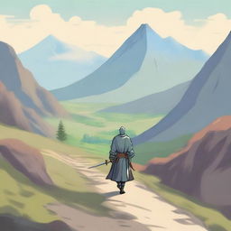 A lone swordsman carrying a long sword on his back, walking on a beautiful countryside path