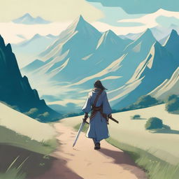 A lone swordsman carrying a long sword on his back, walking on a beautiful countryside path