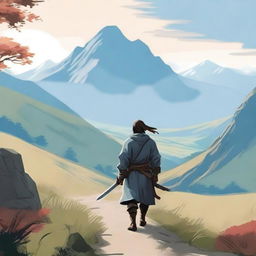 A lone swordsman carrying a long sword on his back, walking on a beautiful countryside path