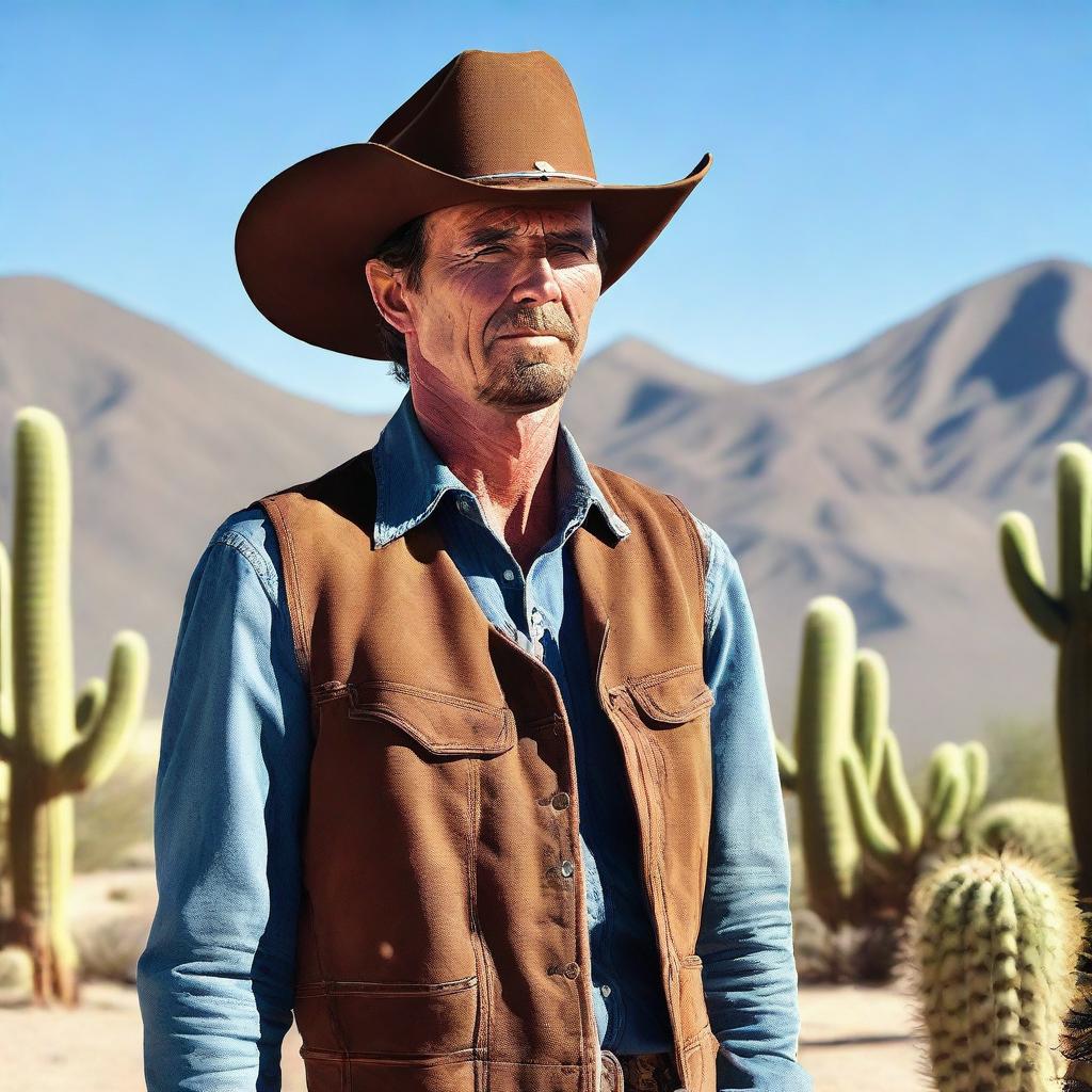 A cowboy man facing forward in the desert