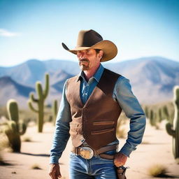 A cowboy man facing forward in the desert