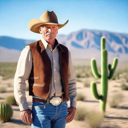 A cowboy man facing forward in the desert