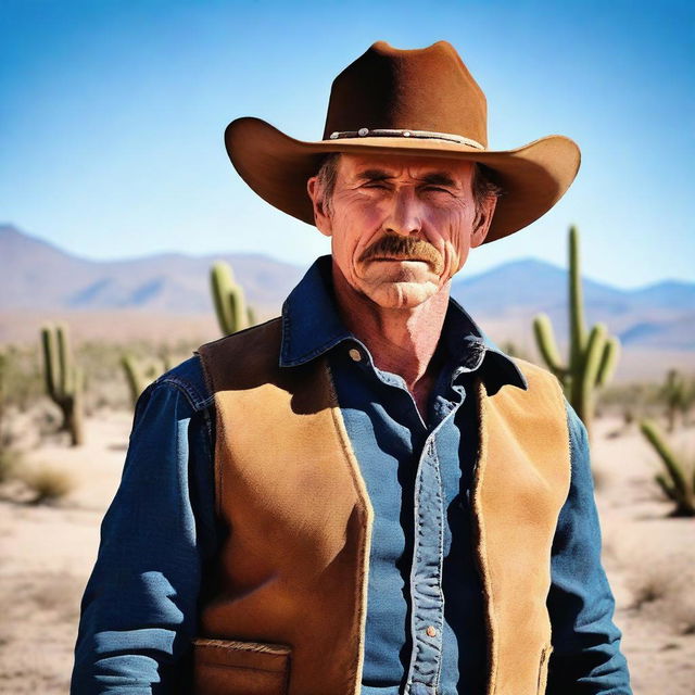 A cowboy man facing forward in the desert