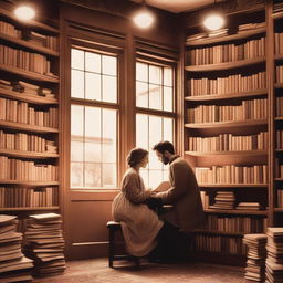 An enchanting scene in a quaint, cozy bookstore where two people are sharing a quiet moment, surrounded by shelves of books