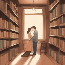 An enchanting scene in a quaint, cozy bookstore where two people are sharing a quiet moment, surrounded by shelves of books