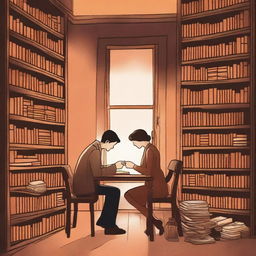 An enchanting scene in a quaint, cozy bookstore where two people are sharing a quiet moment, surrounded by shelves of books