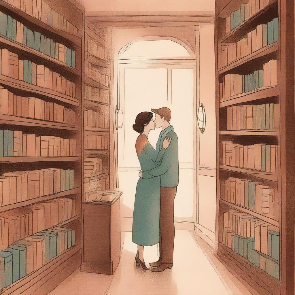 An enchanting scene in a quaint, cozy bookstore where two people are sharing a quiet moment, surrounded by shelves of books