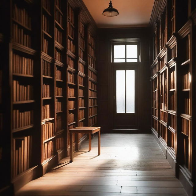 A cozy, dimly-lit bookstore with rows of wooden shelves filled with old books