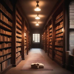 A cozy, dimly-lit bookstore with rows of wooden shelves filled with old books