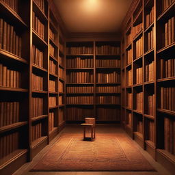 A cozy, dimly-lit bookstore with rows of wooden shelves filled with old books