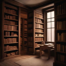 A cozy, dimly-lit bookstore with rows of wooden shelves filled with old books