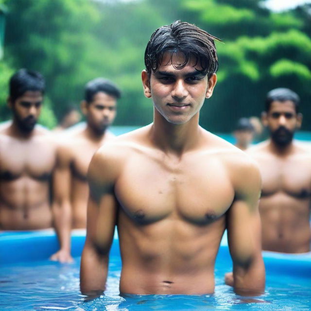 An Indian handsome 21-year-old boy in a wet state, wearing innerwear, coming out of a pool completely wet