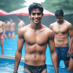 An Indian handsome 21-year-old boy in a wet state, wearing innerwear, coming out of a pool completely wet