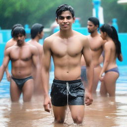 An Indian handsome 21-year-old boy in a wet state, wearing innerwear, coming out of a pool completely wet